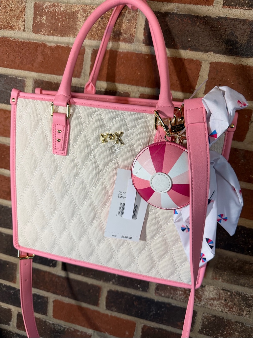 NWT Betsey Johnson Pink & Cream Quilted Tote Handbag with Scarf Accent